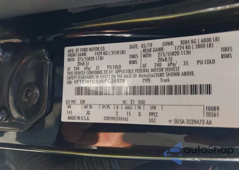 2019 Ford F-150 Xl z USA, uszkodzony, nr VIN 1FTEW1C53KFC28978